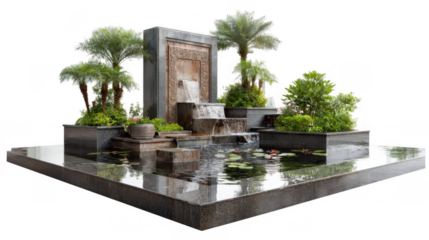 Cascading water flows gracefully into a tranquil pool, adorned with lush greenery and aquatic plants, creating a serene oasis of calm and tranquility with transparent background