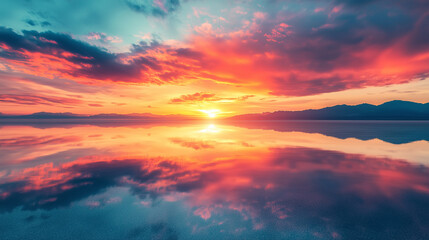 Reflection in calm water of orange sunset sky