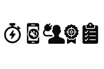 Digital Mindfulness Icons. Solid style icons of digital mindfulness challenges: timer with spark icon, digital quiet hour, user