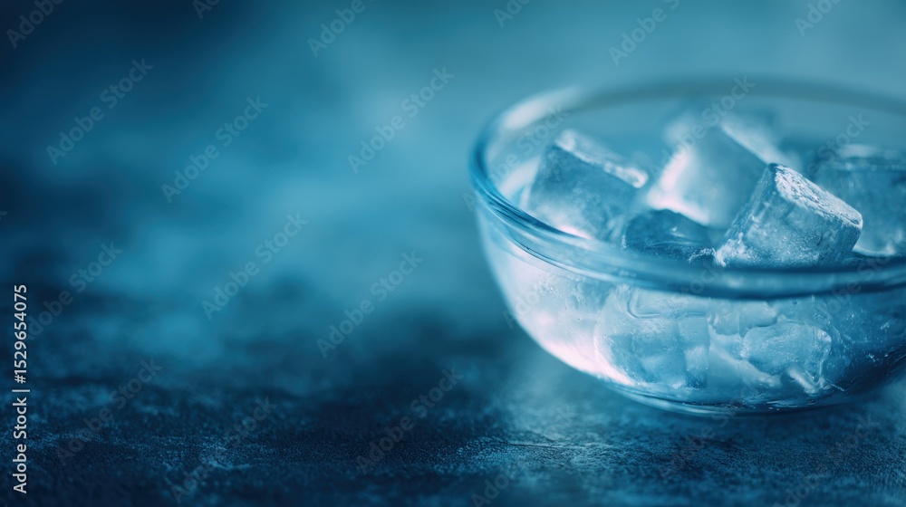 Poster ice cubes in glass bowl on dark surface, symbolizing refreshment and cold drinks for summer advertis
