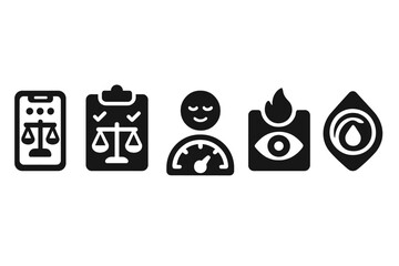 Mindful Digital Balance. Solid style icons of mindful digital balance: app with balanced workflow, balanced task tracker, calm
