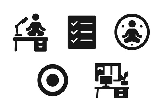 Peaceful Focus Icons. Solid style icons of peaceful focus zones: balanced workspace icon, calm task list, focused session badge,