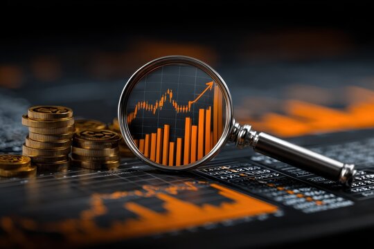 Magnifying Glass Over Financial Chart With Coins, Representing Investment Analysis and Market Growth Opportunities : Generative AI