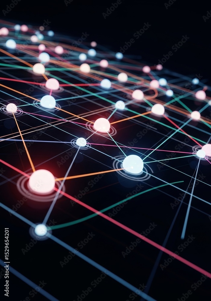 Poster global network connections - abstract of interconnected glowing nodes representing a global network,