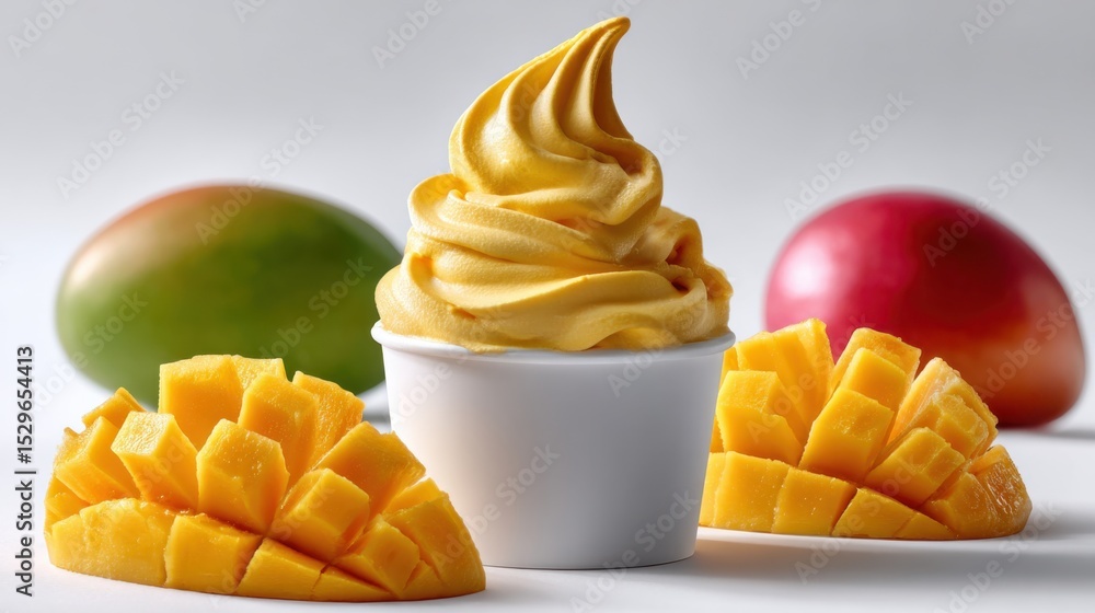 Poster mango soft serve ice cream in white cup with fresh fruit, representing summer indulgence and refresh
