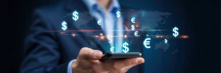 Person holding a mobile phone displaying floating currency symbols.