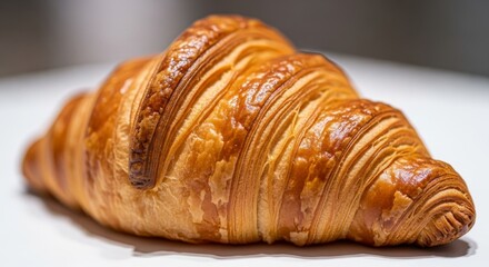 Fototapeta premium Golden Croissant: A Culinary Delight - Flaky layers, buttery aroma, golden-brown crust, delightful taste, perfect breakfast. Symbolizing: warmth, indulgence, artisan baking, morning joy, French pastry