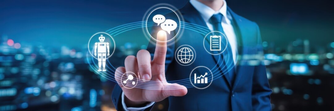 Businessman interacts with digital interface showing interconnected technologies. - Powered by Adobe