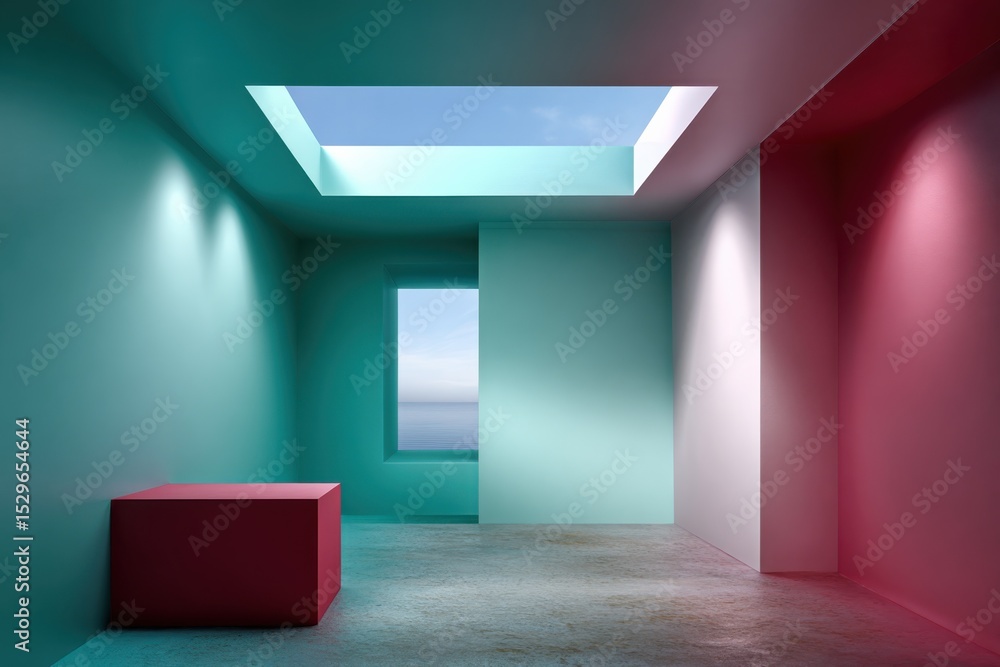 Poster minimalist room with skylight and red cube, evoking serenity and architectural innovation for interi