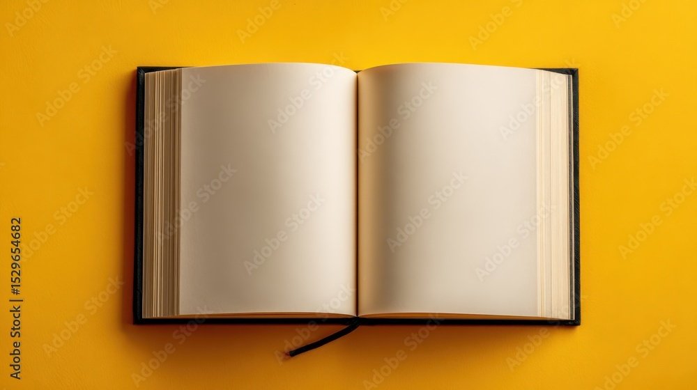 Poster open book with blank pages on yellow background, symbolizing knowledge and creative writing, ideal f