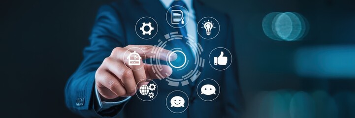 Person interacting with a digital interface displaying various business icons.