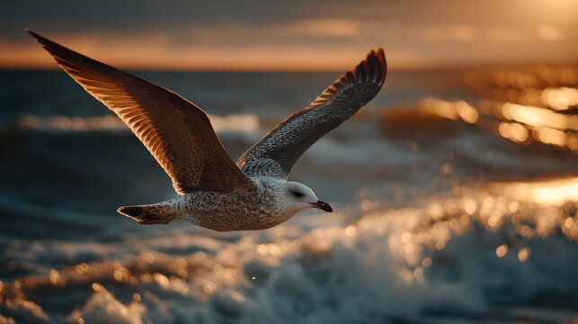 Seagull Flying Over Ocean at Sunset, Symbolizing Freedom and Coastal Getaways, Ideal for Tourism and Environmental Awareness Campaigns : Generative AI