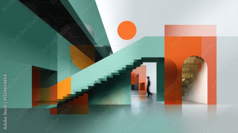 Poster Abstract Geometric Architecture With Person Walking Through Archway, Illustrating Modern Design and Corporate Vision, Ideal for Real Estate Marketing : Generative AI