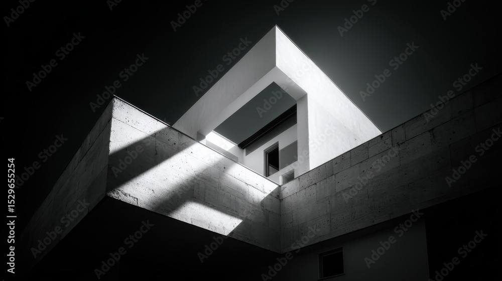Poster modernist architecture with sharp angles and dramatic shadows, illustrating minimalism and contempor