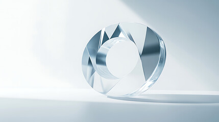 
3D logo reveal made of transparent glass material, subtle light refractions, placed on pure white minimal background, elegant and futuristic vibe.