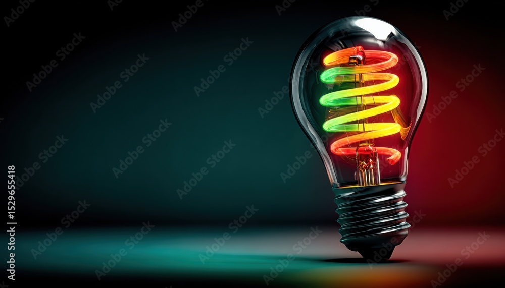 Aufkleber Glowing Lightbulb with Colorful Filament on Dark Background, Symbolizing Innovation and Creative Solutions for Business Development and Technology : Generative AI
