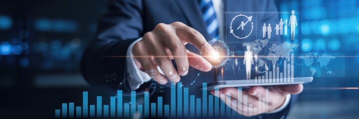 Businessman interacting with a digital tablet displaying data visualizations.