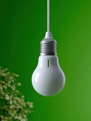 Hanging White Lightbulb Against Green Backdrop, Symbolizing Innovation and Sustainable Energy Solutions for a Bright Future, Perfect for Environmental Awareness Campaigns : Generative AI