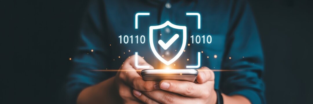 Person holding a smartphone with a security shield graphic overlay. - Powered by Adobe