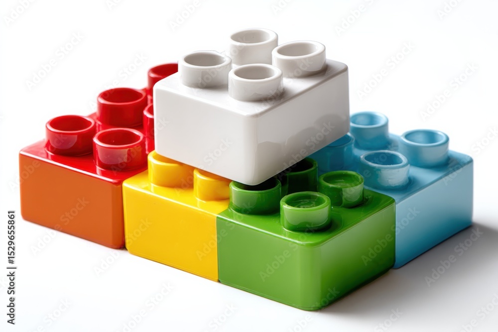 Poster colorful toy blocks stacked together on white surface, symbolizing childhood development and creativ