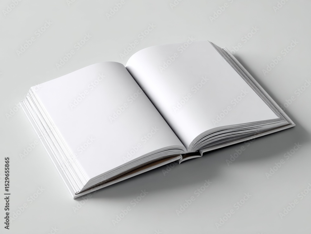 Poster open book with blank pages on white surface, ideal for education and self-improvement concepts, or m