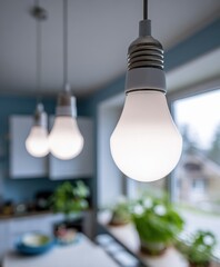 Three Modern LED Light Bulbs Hanging in a Bright Kitchen, Symbolizing Innovation and Energy Efficiency for Sustainable Living and Home Improvement : Generative AI