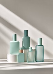 Pastel Green Bottles on White Pedestals With Sunlight, Ideal For Cosmetics Promotion and Brand Packaging Mockups : Generative AI
