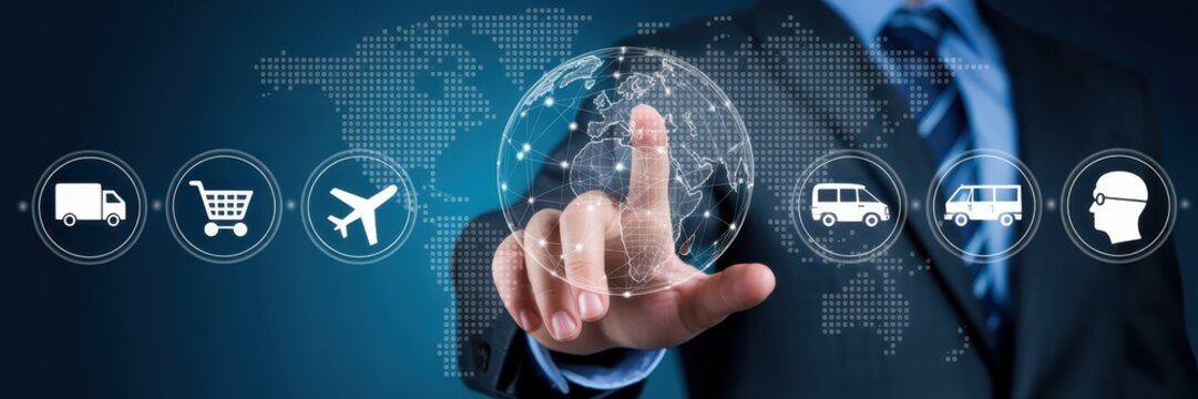 Global logistics network displayed on a touch screen. - Powered by Adobe