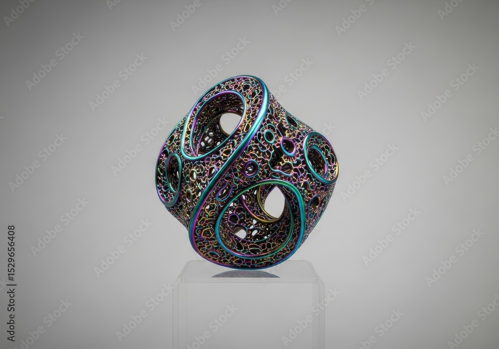 Poster intricate 3d printed geometric orb - a mesmerizing, iridescent 3d printed sculpture. symbolising com