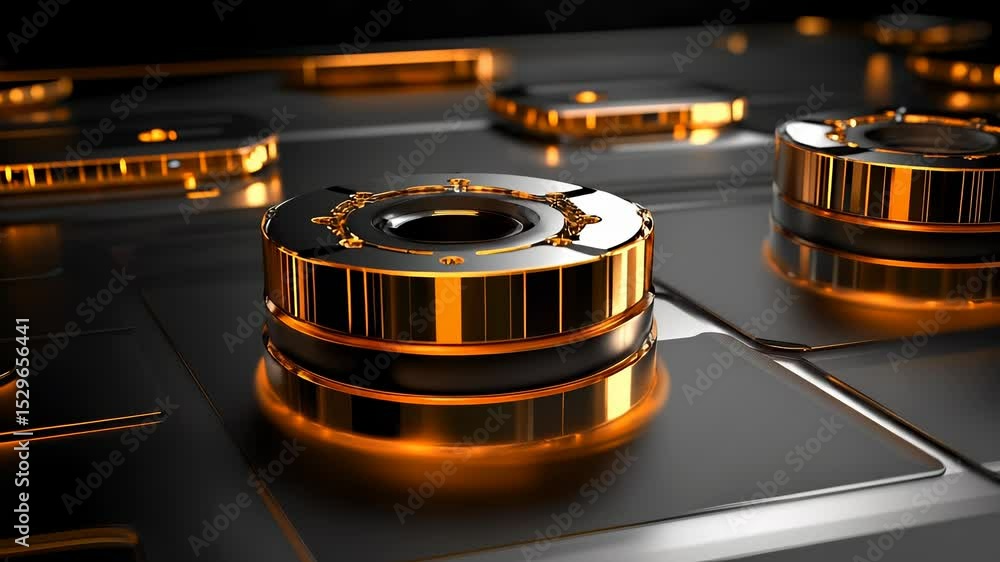 Poster sophisticated technological component with golden accents and precise engineering design