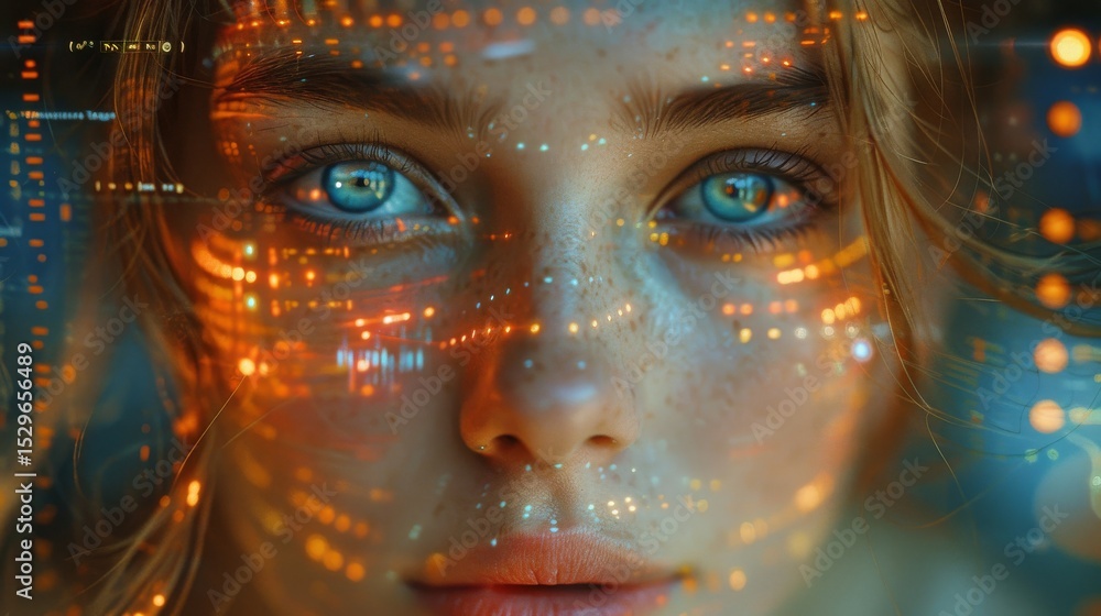 Poster a stunning portrait blending human features with digital elements showcases the intersection of tech