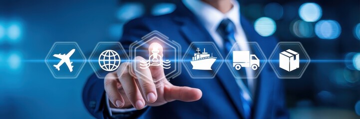 A hand touching digital icons representing global shipping and logistics.