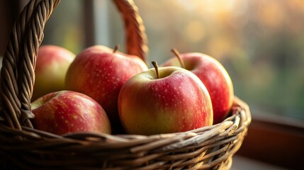 Juicy apples in a wicker basket, warm natural light, rustic style. generative ai