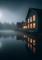 Fototapeta premium Lakeside Lodge at Night - Serene lakeside lodge glowing warmly under a misty night sky. Symbolizes peace, tranquility, escape, comfort, and rejuvenation