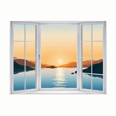 Scenic view of sunset over calm lake framed by open windows  