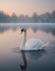 Elegant swan gliding gracefully across a serene lake at dawn, surrounded by misty trees and soft pastel colors reflecting on the water's surface