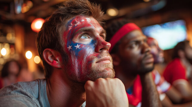Fans watch eagerly during an exciting sports match in a lively bar while displaying their team spirit through face paint