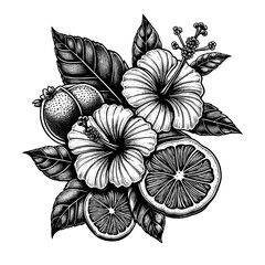 Hibiscus flower and Citrus lemon fruit sketch engraving generative ai PNG illustration. Scratch board imitation. Black and white image.