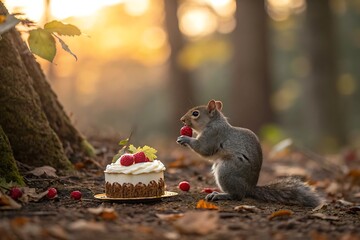 A squirrel eating a berry next to a small cake decorated with berries in a forest setting