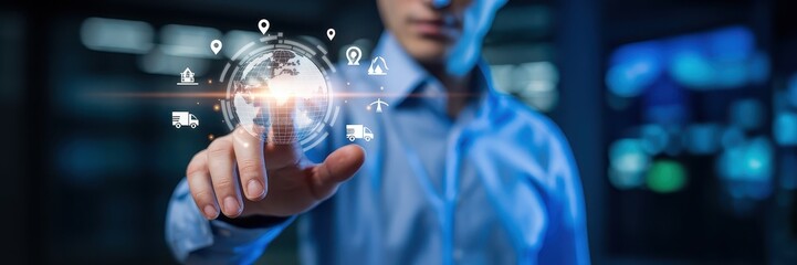 Person interacting with a holographic global network.