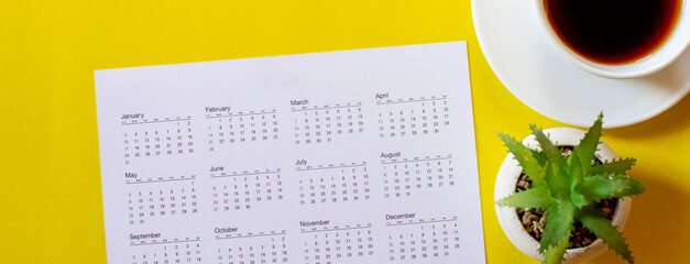 Top View of Calendar for Planner and organizer to plan and remind daily appointments, meeting...