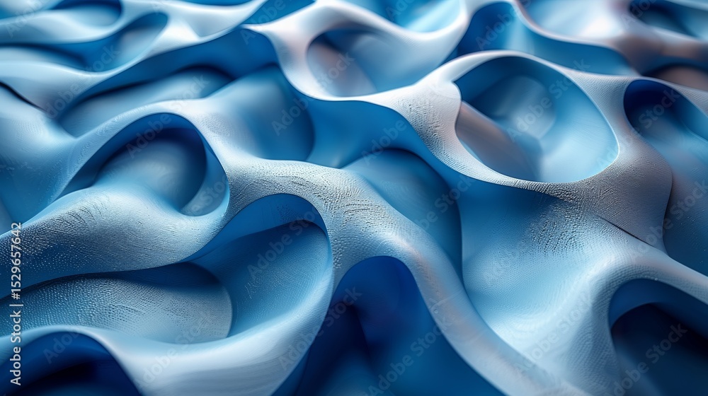 Poster an artistic representation of flowing blue fabric waves, creating an abstract composition that evoke