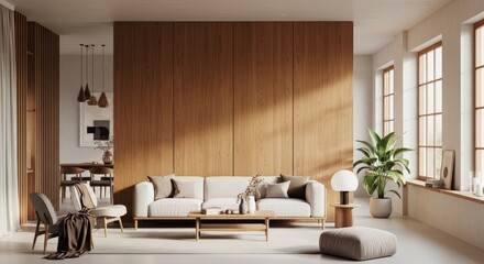 Modern Minimalist Living Room Design - Bright, airy living room with a minimalist design, featuring a light beige sofa, wooden wall paneling, and large windows