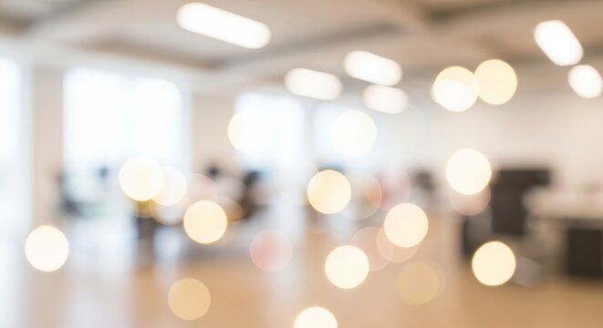 Modern Office Space Blurred Background - Abstract blurred of a bright modern office interior with bokeh lights, ideal for background