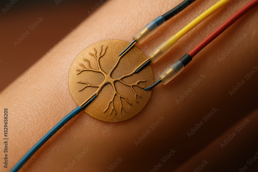 Poster bioengineering innovation is represented by flexible neural interface device attached to skin, highl