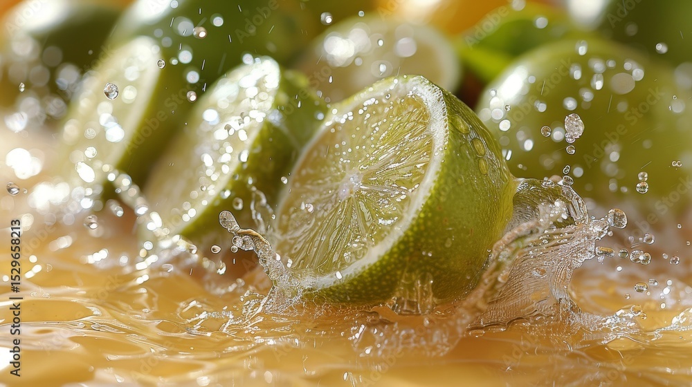 Poster freshly sliced limes collide with a liquid, sending droplets into the air, capturing the zestiness a