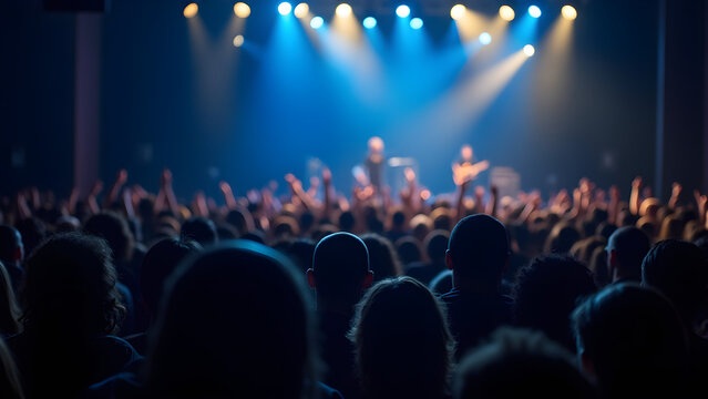 Concert Audience Immersed in Live Performance, Packed Hall, Musical Event, Stage Lights, Diverse Crowd Enjoying Music