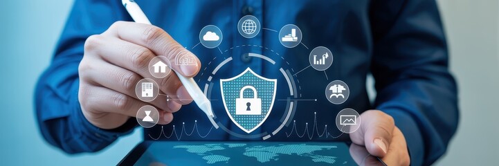 Person using a digital tablet to interact with security system icons.