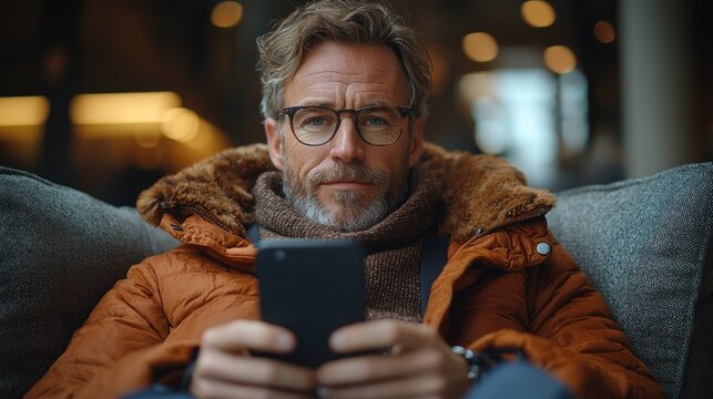 A middle-aged man with glasses sits in a plush chair, holding a smartphone, looking directly at the camera in a relaxed yet serious pose.  