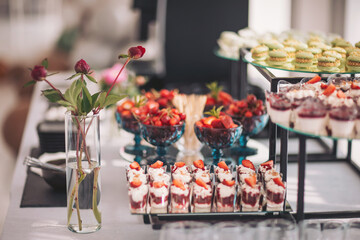 Delightful dessert spread featuring fresh strawberries, elegant pastries, and blooming roses in a bright, airy setting during a joyous celebration
